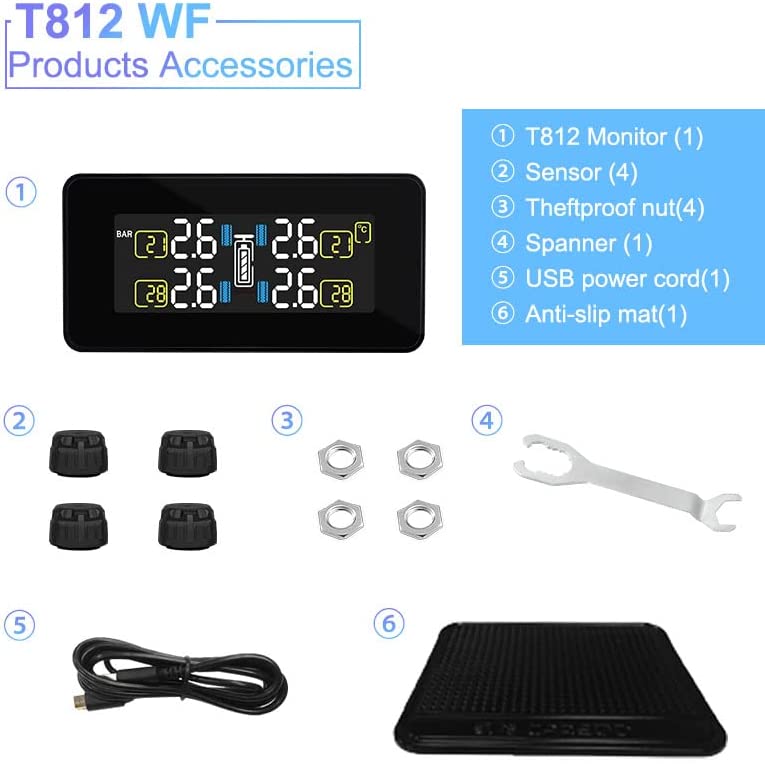 LEIDIMUS TPMS Solare Sistema di Monitoraggio della Pressione, con 4 Sensori Esterni LCD Visualizzazione in Tempo Reale E di Funzione di Allarme per Piccolo Camper Auto SUV MPV (0-8bar/0-116 Psi) 4 Marca: LEIDIMUS