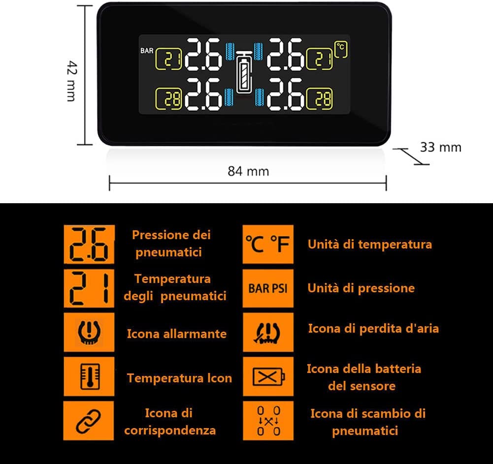 LEIDIMUS TPMS Solare Sistema di Monitoraggio della Pressione, con 4 Sensori Esterni LCD Visualizzazione in Tempo Reale E di Funzione di Allarme per Piccolo Camper Auto SUV MPV (0-8bar/0-116 Psi) 4 Marca: LEIDIMUS