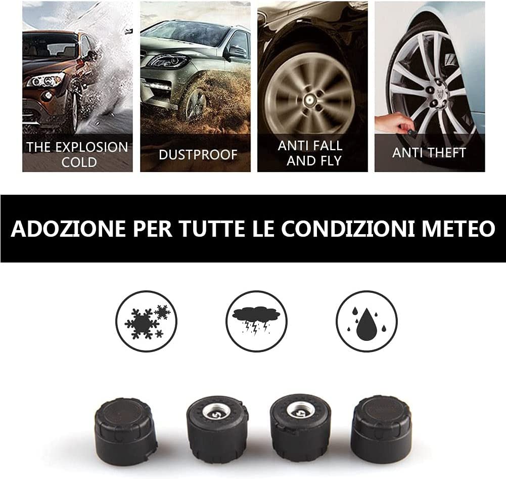 LEIDIMUS TPMS Solare Sistema di Monitoraggio della Pressione, con 4 Sensori Esterni LCD Visualizzazione in Tempo Reale E di Funzione di Allarme per Piccolo Camper Auto SUV MPV (0-8bar/0-116 Psi) 4 Marca: LEIDIMUS
