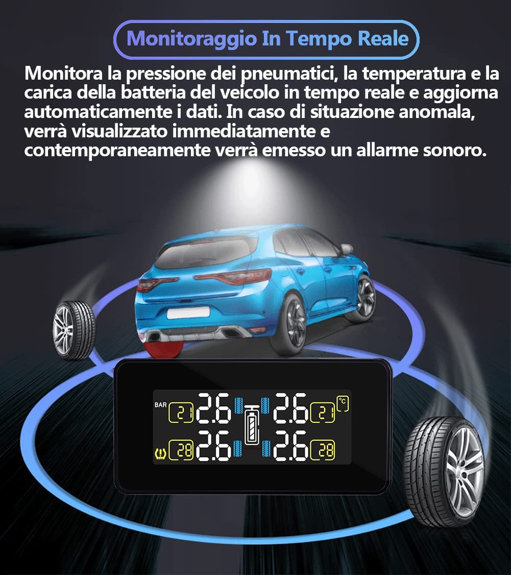 LEIDIMUS TPMS Solare Sistema di Monitoraggio della Pressione, con 4 Sensori Esterni LCD Visualizzazione in Tempo Reale E di Funzione di Allarme per Piccolo Camper Auto SUV MPV (0-8bar/0-116 Psi) 4 Marca: LEIDIMUS