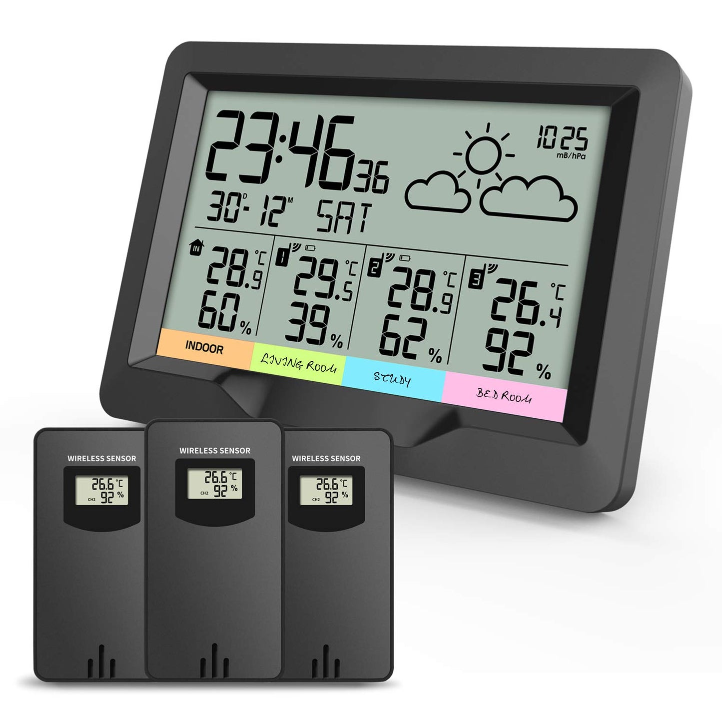 Oule GmbH, stazione meteorologica a radiofrequenza con 3 sensori esterni, termometro, igrometro, misura temperatura interna ed esterna e umidità dell'aria, radiosveglia