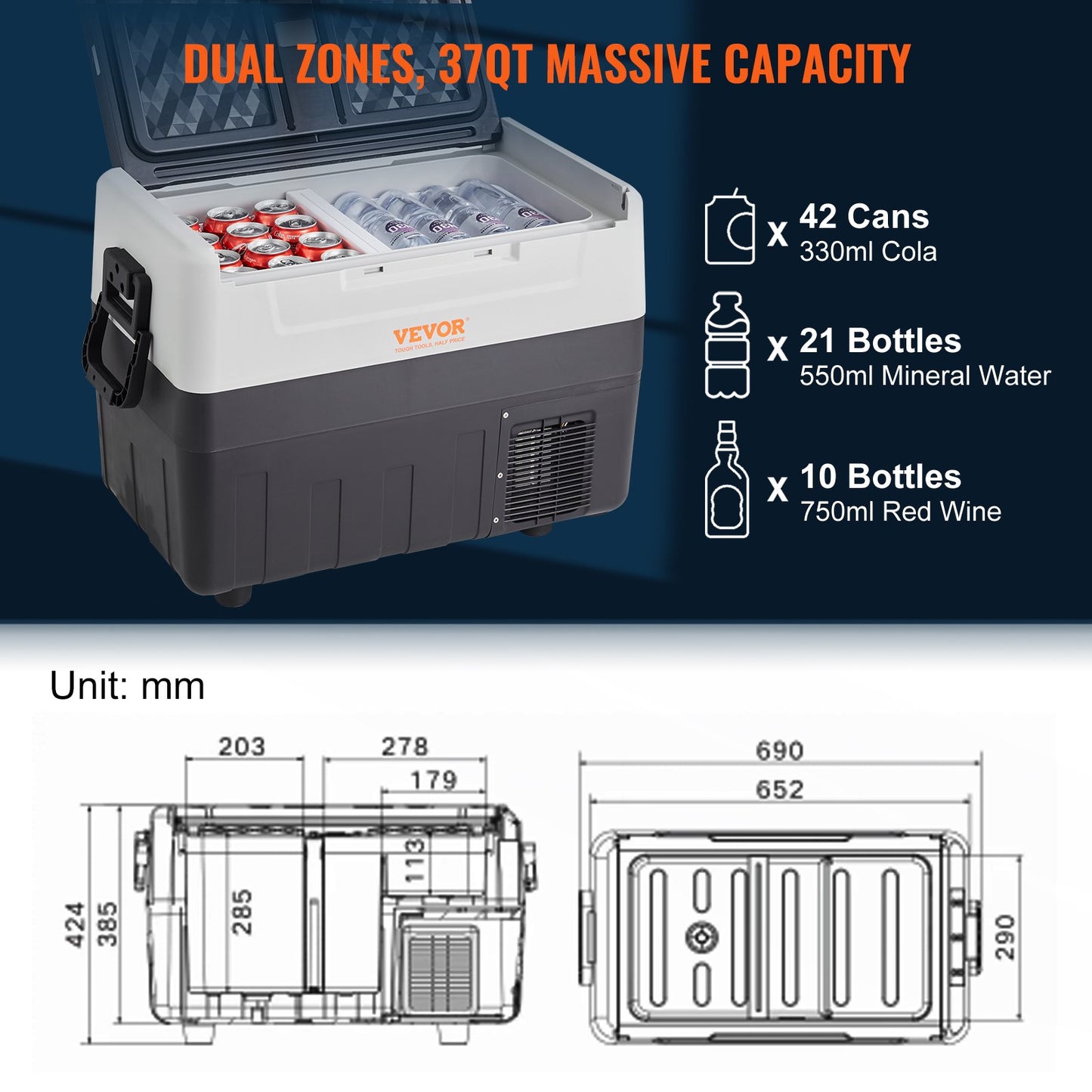 VEVOR NUOVO Frigorifero per Auto, 35 Litr Frigo Compressore Congelatore Portatile Elettrico per Campeggio, con Ruote, a Doppia Zona, 0,6kW.h Da -20°C a 10°C Regolabile Frigo Termico per Auto Camion Barca